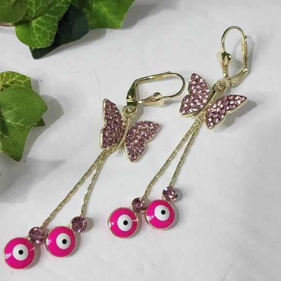 Gold Filled Hot Pink Evil Eye and Butterfly Dangle Earrings - Picture 1 of 7